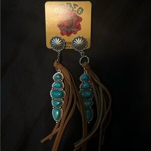 Rodeo Quincy RQ faux turquoise Concho earrings with leather tassels. NWT